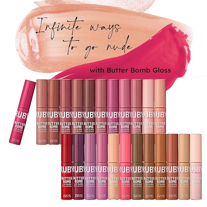 Ruby Kisses Lip Gloss Butter Bomb Gloss Non-Sticky Lip Gloss Vitamin E Natural Nude Lip Makeup - 7.8mL (0.26 US fl.oz) (Play, Boy)
