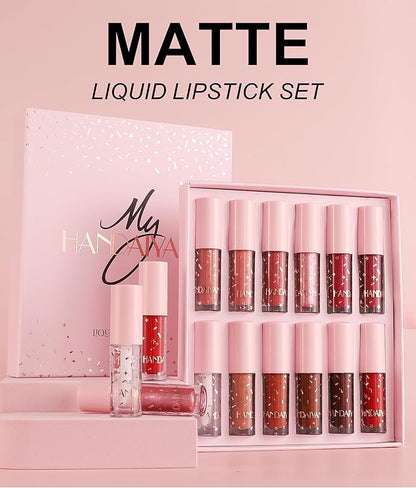12 Colors Book Style Velvet Matte Liquid Lipstick Christmas Gift Set Long-Lasting Non-Stick Cup Not Fade Shimmer Nude Lip Gloss Thanks For the Love Lip Set (Set C)