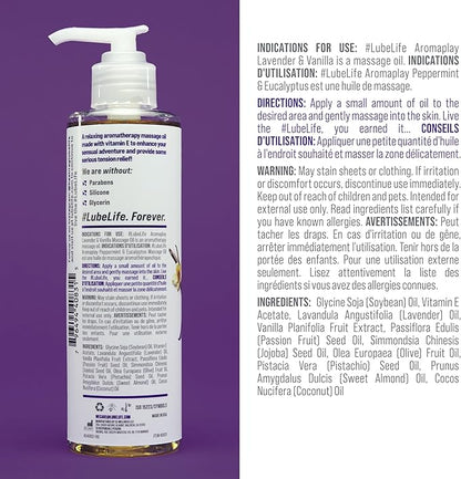 #Lube Life Aromaplay Lavender and Vanilla Massage Oil, Aphrodisiac, Essential Oil for a Relaxing Full Body Aromatherapy Massage, 8 Fl Oz