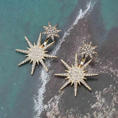 Starburst Jacket Earrings Gold Rhinestone Sun