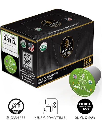 Organic Green Tea Pods for Keurig - Unsweetened Green Tea for K Cup Machines by Teavity (12 Tea Pods)