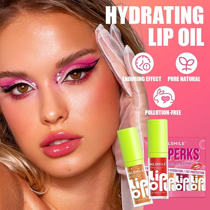 4 Colors Fat Lip Oil Set, Big Brush Head Hydrating Lip Glow Oil Lip Plumper Gloss, Shiny Transparent Lip Gloss Tinted Plumping Lip Oils, Non-sticky Long Lasting Fresh Clear Smooth Lip Care - B