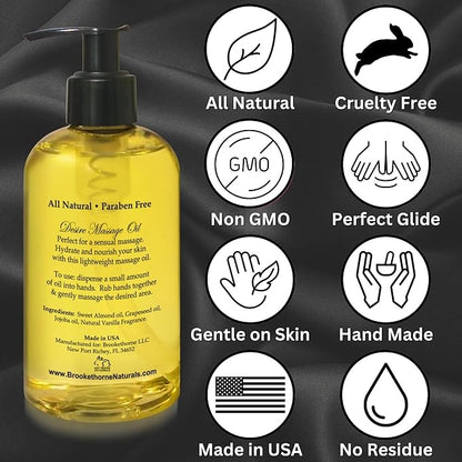Desire Sensual Massage Oil for Date Night | Best Massage Oil for Couples | All Natural with Sweet Almond, Grapeseed & Jojoba for Smooth Glide & Moisturized Skin 8oz