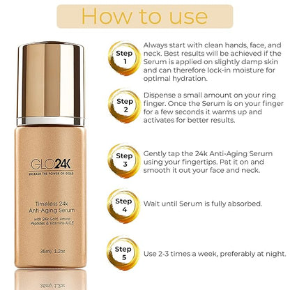 GLO24K Timeless Serum with 24k Gold, Peptides, and Vitamins A,C,E. A Powerful formula to nourish and revitalize your skin.