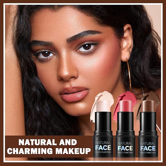 3PCS Cream Contour Stick Makeup Kit Face Highlighter Rose+06 Espresso)