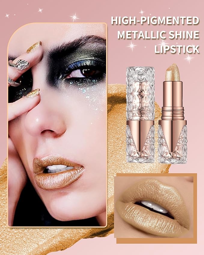 Shimmer Lipstick Long Lasting for Women with Metallic 3D Shine Hydrating Formula, Diamond Nude Glitter Lip Balm Tinted Glossy Lip Gloss High Impact Lip Color Nonstick Full-Coverage Lip Makeup-01