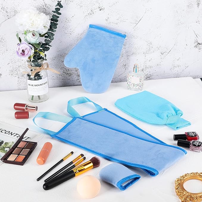 5 Pieces Self Tanning Mitt Applicator Kit, Includes Exfoliating Glove, Tanning Mitt, Mini Face Mitt, Back Lotion Applicator with Self Tanner Brush Large Flat Top Makeup Brush (Blue)