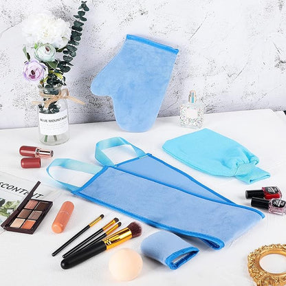 5 Pieces Self Tanning Mitt Applicator Kit, Includes Exfoliating Glove, Tanning Mitt, Mini Face Mitt, Back Lotion Applicator with Self Tanner Brush Large Flat Top Makeup Brush (Blue)
