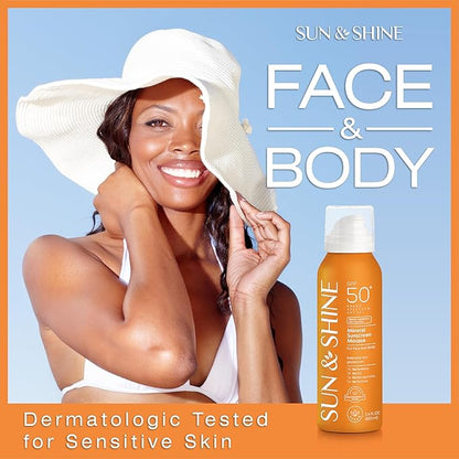 SUN & SHINE MINERAL SUNSCREEN MOUSSE: 100% mineral zinc oxide SPF50 Broad Spectrum UVA UVB, Face Body Protection, Sunburn Spray Zinc Oxide for Sensitive Skin, fragrance free 3.4 Oz