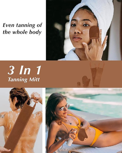 3 PCS Self Tanning Mitt Applicator, Self Tanner Mitt Applicator kit, Self Tanning Mit With Thumb And Back Lotion Applicators for Back, Ultra Soft Tanning Glove For Self Tan Mitt Applicator (Brown)