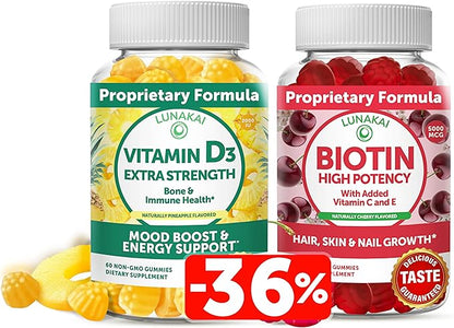 Lunakai Biotin and Vitamin D3 Gummies Bundle - Hair Skin and Nails Growth Gummies with Vitamin C and E - Immunity, Bone and Mood Support Supplement - 30 Days Supply