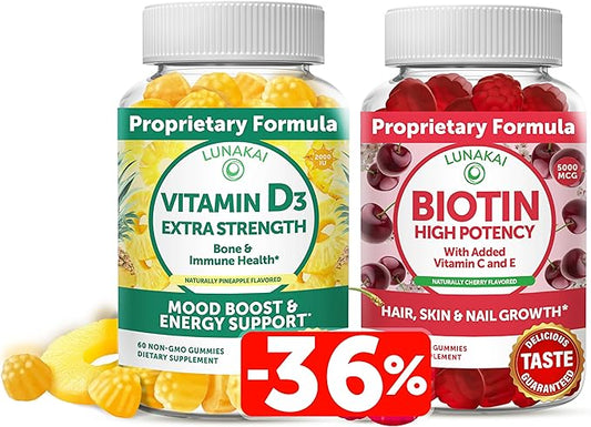 Lunakai Biotin and Vitamin D3 Gummies Bundle - Hair Skin and Nails Growth Gummies with Vitamin C and E - Immunity, Bone and Mood Support Supplement - 30 Days Supply