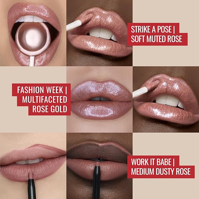 Runway Rogue LuxGloss Kit with 2 Moisturizing Shimmer Lip Gloss Tubes (‘Strike a Pose’ and ‘Fashion Week’) and 1 Water-Resistant Matte Lip Liner Pencil (‘Work It Babe’)