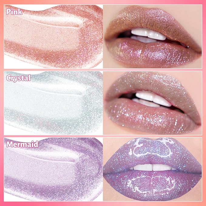 UCANBE 3 Reflective Color Lip Glow Oil - Instense High-moisture Lip Oil (Pink/Crystal/Mermaid), Luxurious Non-Sticky Mositurizing Lip Top Gloss for All-Day Wear and Comfort