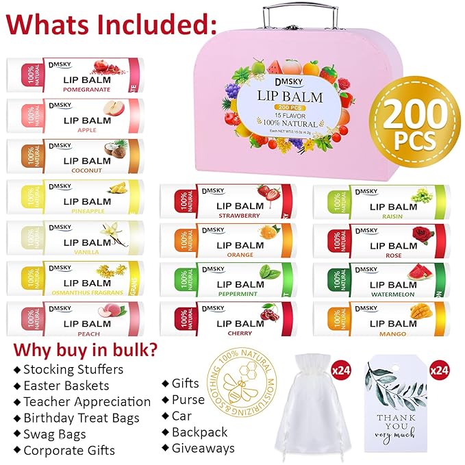DMSKY 200 Pack Lip Balm, Natural