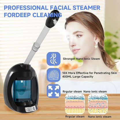 Facial Steamer-Nano Ionic Face Steamer for Facial Deep Cleaning, Vaporizador Steamer for Esthetician, Professional Facial Steamer for Home Facial Spa. (Black)
