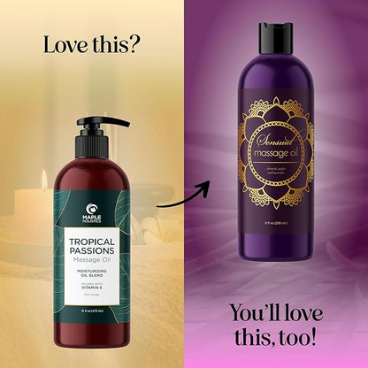 Tropical Massage Oil for Couples Relaxation - Full Body Massage Oil for Date Night with Smooth Gliding Coconut and Sweet Almond Oil with Mango Scent - Non GMO Gluten Free & Vegan (16 Fl Oz)