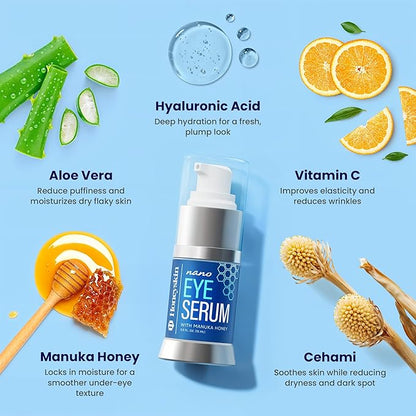 Eye Firm Antioxidant Nano Serum - with Hyaluronic Acid, Manuka Honey and Aloe Vera - Anti Aging and Anti Wrinkle - Spots and Hyperpigmentation Treatment (0.5oz)