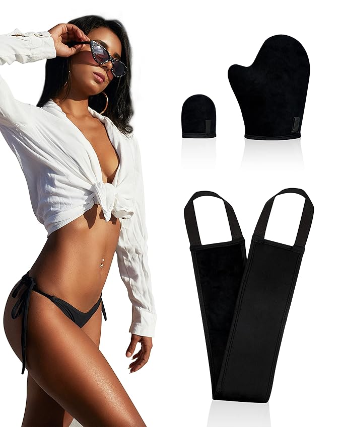 3 PCS Self Tanning Mitt Applicator, Self Tanner Mitt Applicator kit, Self Tanning Mit With Thumb And Back Lotion Applicators for Back, Ultra Soft Tanning Glove For Self Tan Mitt Applicator (Black)