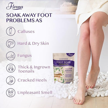 Fivona Foot Soak Blend Epsom Salt with Lavender 14.1 oz - Calming Foot Bath Salt, Relax & Renew Tired Feet, Soothe Soreness, Soften Calluses - Rejuvenating Pedicure Spa at Home