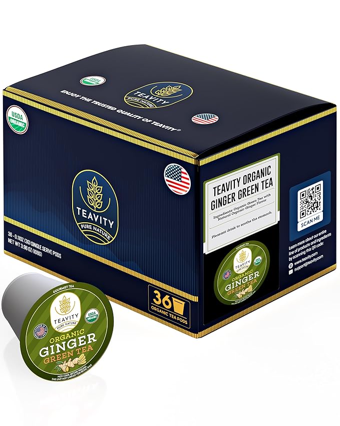 Organic Ginger Green Tea Pods for Keurig by Teavity (36 Tea Pods)
