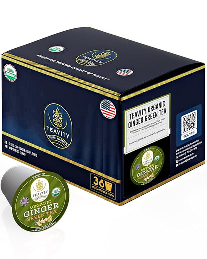 Organic Ginger Green Tea Pods for Keurig by Teavity (36 Tea Pods)