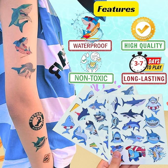 Shark Temporary Tattoos - Shark Birthday Decorations Supplies Outdoor Activity