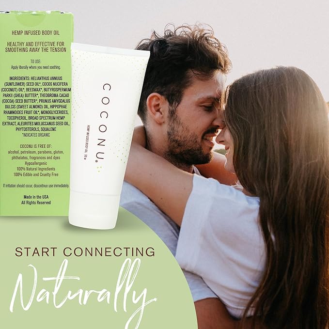 Coconu Hemp Infused Body Oil | Organic Coconut Oil Based | Couples Massage Oil & for Personal Use | No Added Fragrance & Flavor | 3 0z