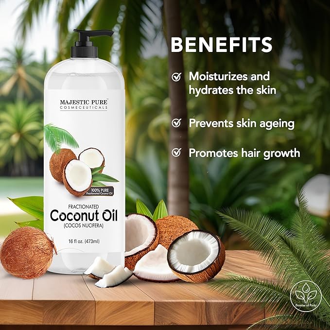 Majestic Pure Fractionated Coconut Oil - Relaxing Massage Oil, Liquid Carrier Oil for Diluting Essential Oils - Skin, Lip, Body & Hair Oil Moisturizer & Softener - 16 fl oz