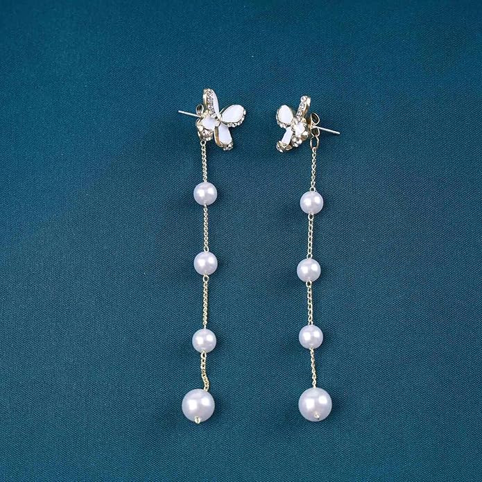 Vintage Crystal Butterfly Pearl Earrings Long