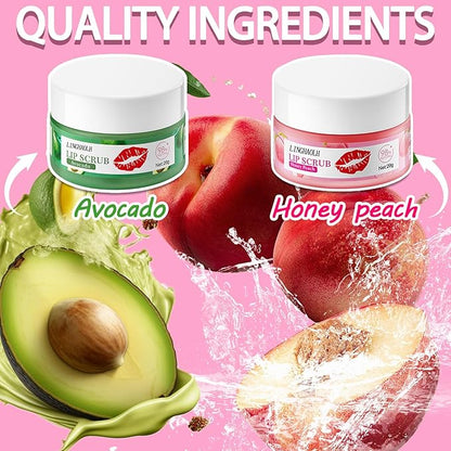 2PCS Lip Scrub Exfoliator,Gentle Lip Scrubber Exfoliator,Lip Exfoliator Scrub for Daily Lip Care,Lip Moisturizer for Nourishing Lip（Peach, Avocado）