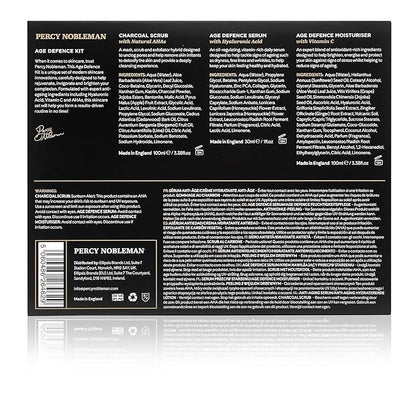 Age Defence Kit, a men's skincare set containing Charcoal Face Scrub (with Natural AHAs), ultra-hydrating Facial Serum (with Hyaluronic Acid), and Moisturiser (with Vitamin C)