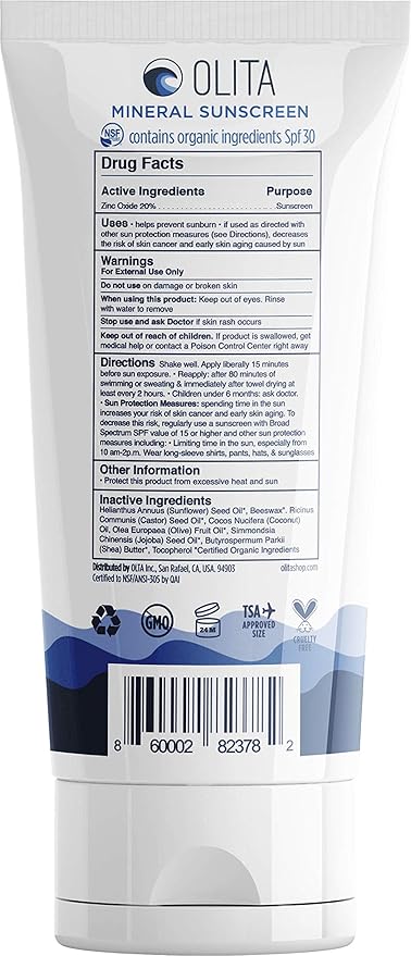 Olita Mineral Sunscreen SPF 30 Lotion - Fragrance Free - 3 oz - Broad Spectrum, Chemical Free, All-Natural, Reef Safe, Organic, Zinc Sunblock, Water-Resistant