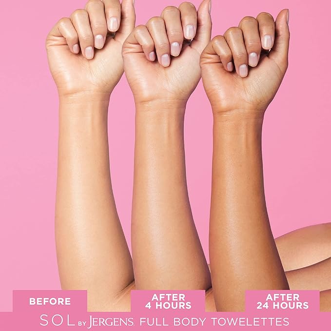 SOL by Jergens Full Body Self Tanner Towelettes, Streak-free Natural-Looking Sunless Tanning Wipes, 6 Count, Infused with Coconut Water and Vitamin E, Sun-inspired Color in 4 Hours