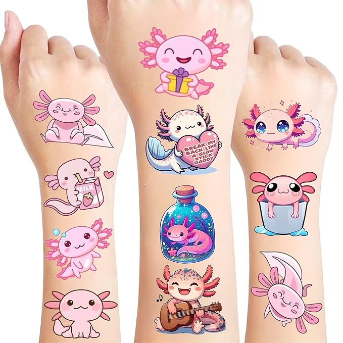Axolotl Temporary Tattoos - Cute Animal Kawaii Axolotl Décor, Axololt