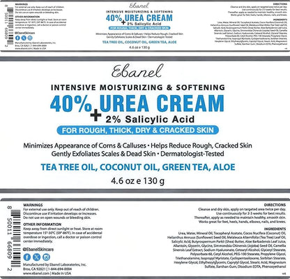 Ebanel Urea Cream 40% plus Salicylic Acid 2%, Foot Cream for Dry Cracked Heels Feet Knees Elbows Hands, Foot Dead Skin Cuticle Callus Remover Toenail Softener, Keratolytic Skin Barrier Repair, 2-Pack