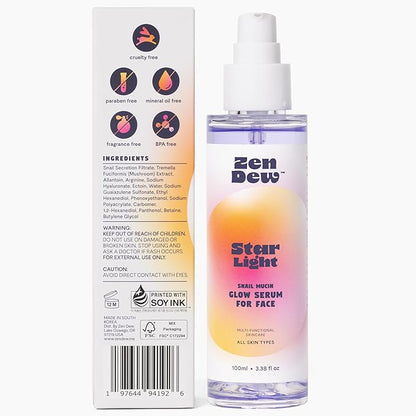 97% Snail Mucin Serum, Star Light by Zen Dew | Non-Sticky Snail Serum with Clinical Actives to Smooth, Brighten, Hydrate, Skin Repair | Cruelty Free, Made in S. Korea, 3.38 Fl Oz