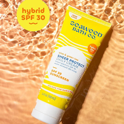 Seaweed Bath Co. Sheer Protect Daily SPF 30 Broad Spectrum Hybrid Sunscreen Cream, 3.4 Ounce, Sustainably Harvested Seaweed, Aloe, Green Tea
