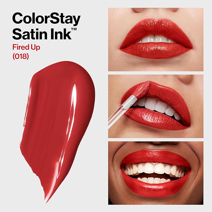 Revlon Liquid Lipstick, Face Makeup, ColorStay Satin Ink, Longwear Rich Lip Colors, Formulated with Black Currant Seed Oil, 018 Fired Up, 0.17 Fl Oz