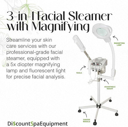 3-in-1 Facial Steamer with High Frequency, 3 Electrodes, 5 Diopter Magnifying Lamp, Silent Timer & Aromatherapy