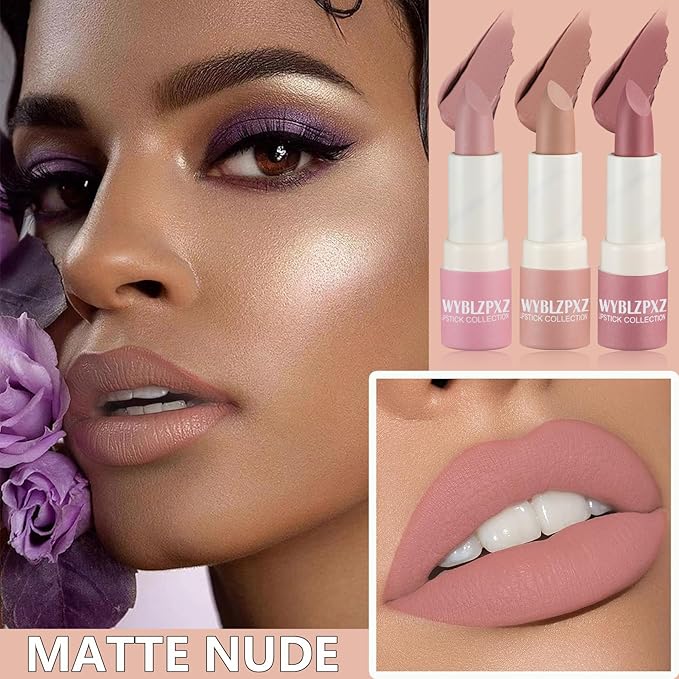 3P Matte Nude Lipstick,Silky Velvet Nude Paper Tube Gloss,Waterproof