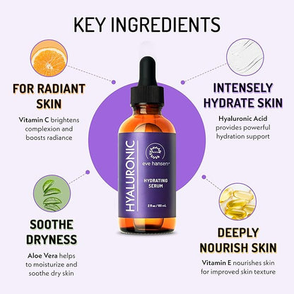 Eve Hansen Hyaluronic Acid Serum for Face | Hydrating Serum with Vitamin C & E | Anti-Aging Facial Moisturizer for Plumping & Wrinkle Care | Vegan & Cruelty-Free | 2 oz