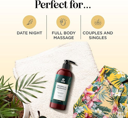 Tropical Massage Oil for Couples Relaxation - Full Body Massage Oil for Date Night with Smooth Gliding Coconut and Sweet Almond Oil with Mango Scent - Non GMO Gluten Free & Vegan (16 Fl Oz)