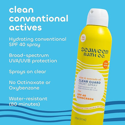 Seaweed Bath Co. Clear Guard SPF 40 Sport Broad Spectrum Sunscreen Spray, 6 Ounce, Sustainably Harvested Seaweed, Aloe, Avocado Oil