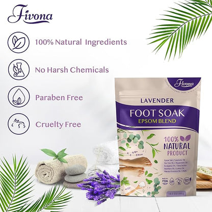 Fivona Foot Soak Blend Epsom Salt with Lavender 14.1 oz - Calming Foot Bath Salt, Relax & Renew Tired Feet, Soothe Soreness, Soften Calluses - Rejuvenating Pedicure Spa at Home