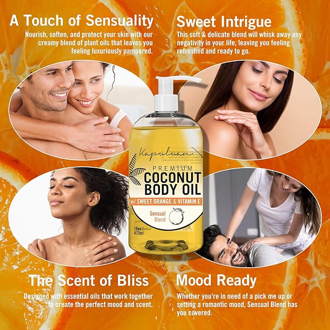 Massage Body Oil - Nourishing Blend with Sweet Orange & Lotus Flower - For Soft, Radiant Skin - Apricot, Coconut, Jojoba Oils - 8 oz