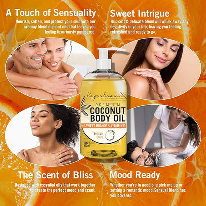 Massage Body Oil - Nourishing Blend with Sweet Orange & Lotus Flower - For Soft, Radiant Skin - Apricot, Coconut, Jojoba Oils - 8 oz