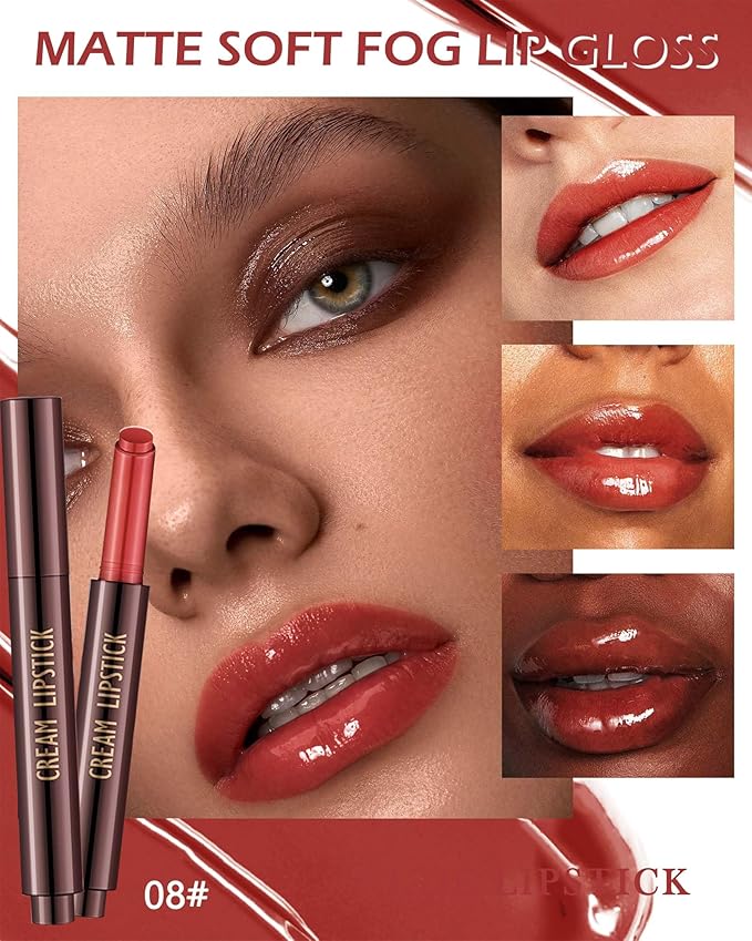 Moisturizing Lip Solid Serum Gloss,Red Shimmer Glossy Plumping Lipstick Pen, Hydrating Tint Lip Balm, Long Lasting Waterproof Jelly Lip Gloss Plumper Lip Tint Stain,Christmas Makeup Gift for Women- 08