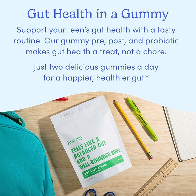 FIRST DAY Teens’ Gut Sustainer Tribiotic Gummies – 3-in-1 Prebiotic, Probiotic & Postbiotic Supplement – Supports Digestive, Skin, Oral & Immune Health, Nutrient Absorption & Growth – 30-Day Supply