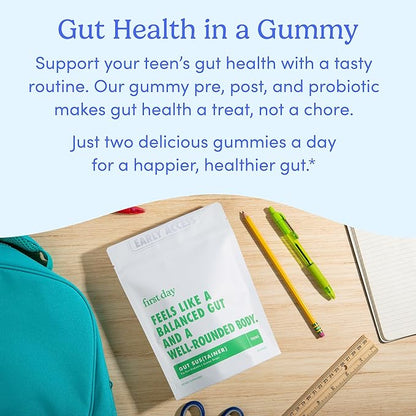 FIRST DAY Teens’ Gut Sustainer Tribiotic Gummies – 3-in-1 Prebiotic, Probiotic & Postbiotic Supplement – Supports Digestive, Skin, Oral & Immune Health, Nutrient Absorption & Growth – 30-Day Supply